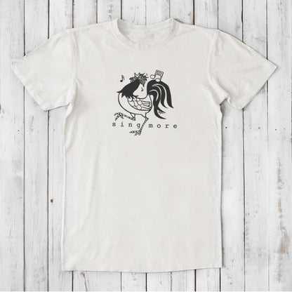 White bamboo and organic cotton men's t-shirt with black rooster and 'Sing More' text, ideal gift for early risers.