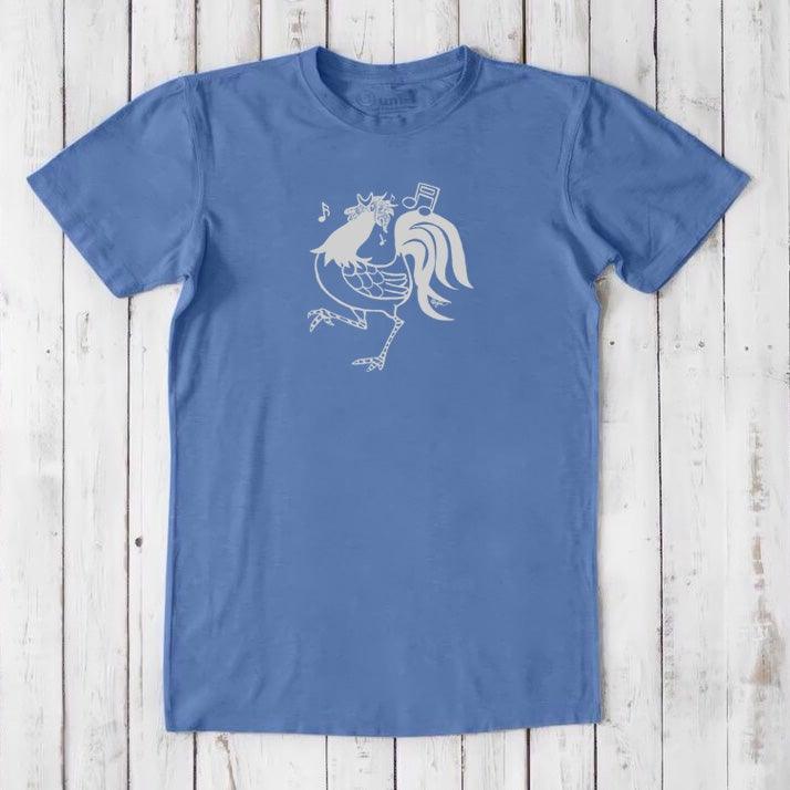 Blue 'Sing More' rooster graphic tee for men in bamboo and organic cotton, classic fit with humorous farm animal print.