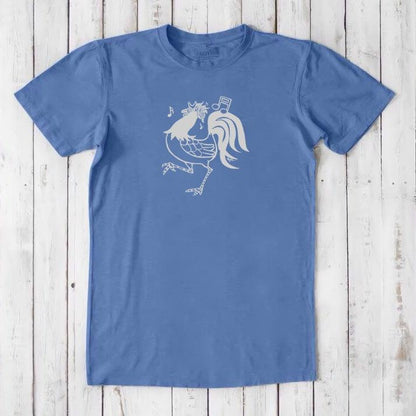 Blue 'Sing More' rooster graphic tee for men in bamboo and organic cotton, classic fit with humorous farm animal print.