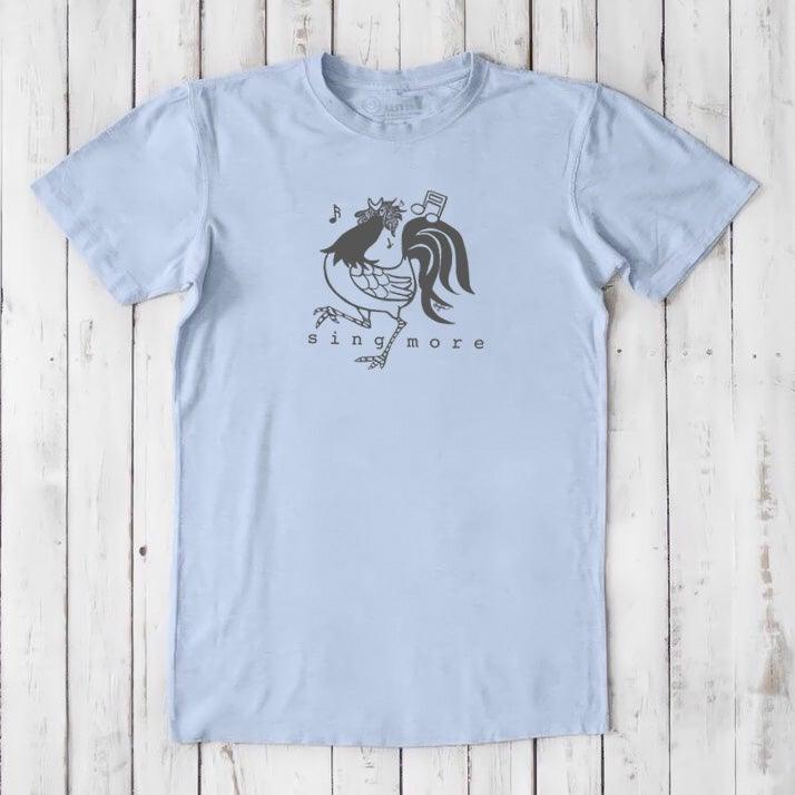 Light blue men's rooster t-shirt with 'Sing More' text, made from eco-friendly bamboo and organic cotton blend.