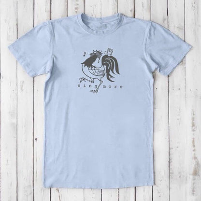 Light blue men's rooster t-shirt with 'Sing More' text, made from eco-friendly bamboo and organic cotton blend.