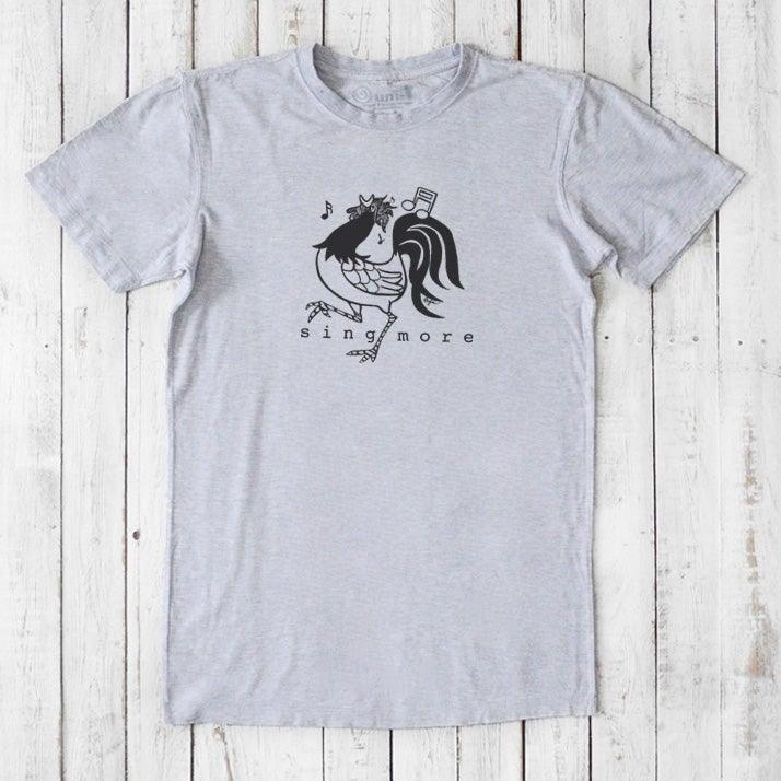 Heather gray men's 'Sing More' rooster t-shirt in bamboo and organic cotton, featuring a funny musical farm animal graphic.