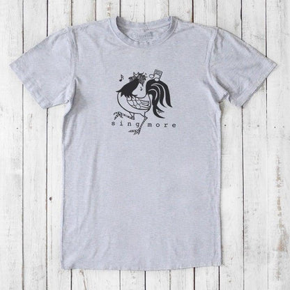 Heather gray men's 'Sing More' rooster t-shirt in bamboo and organic cotton, featuring a funny musical farm animal graphic.