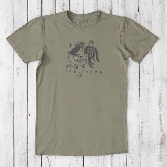 Olive green men's bamboo and organic cotton t-shirt with dark rooster and 'Sing More' text, classic fit humorous design.