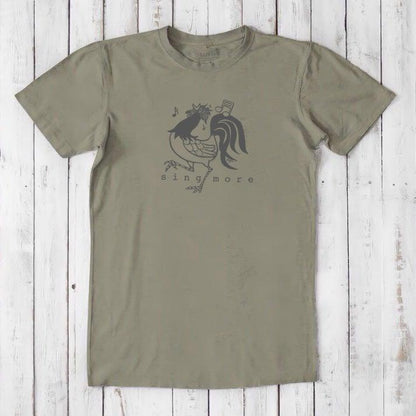 Olive green men's bamboo and organic cotton t-shirt with dark rooster and 'Sing More' text, classic fit humorous design.