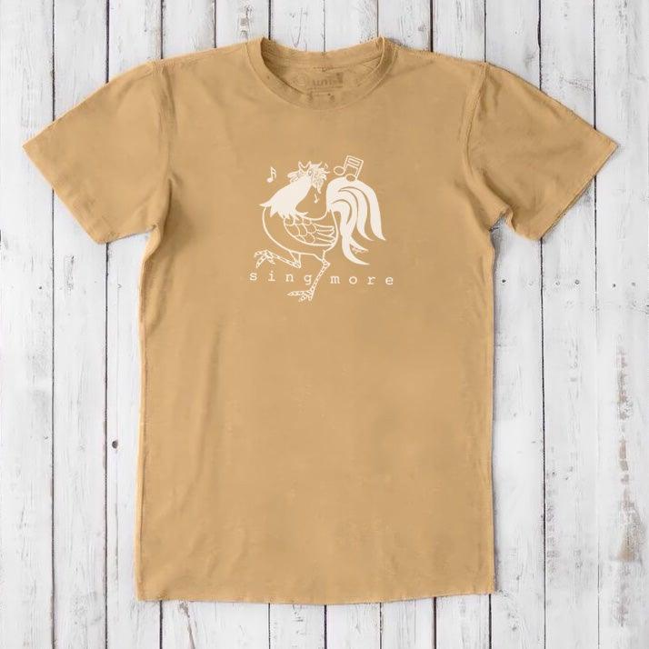 Tan men's rooster t-shirt with white 'Sing More' graphic, made from sustainable bamboo and organic cotton blend.