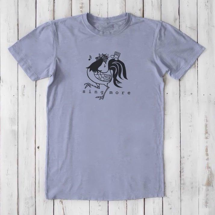 Lavender men's 'Sing More' rooster t-shirt in bamboo and organic cotton, featuring a fun farm animal graphic for early risers.