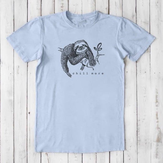 Light blue men's sloth T-shirt made from bamboo and organic cotton, featuring a funny 'Chill More' animal graphic, perfect gift for him.