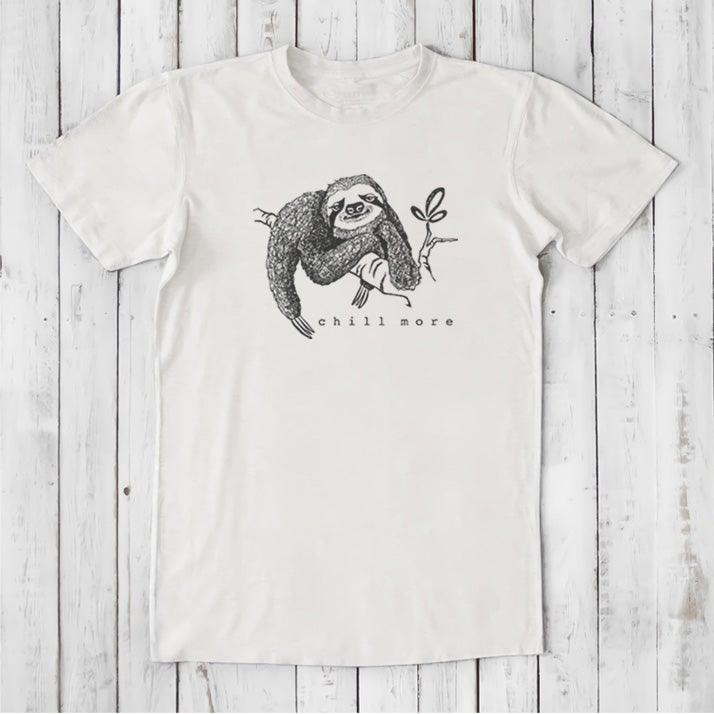White men's bamboo and organic cotton T-shirt with a lounging sloth and 'Chill More' text, sustainable and humorous gift idea.