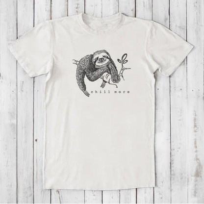White men's bamboo and organic cotton T-shirt with a lounging sloth and 'Chill More' text, sustainable and humorous gift idea.