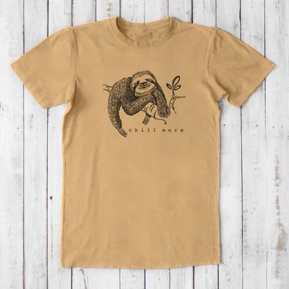 Tan men's sloth graphic T-shirt in bamboo and organic cotton with 'Chill More' slogan, soft and relaxed fit casual wear.