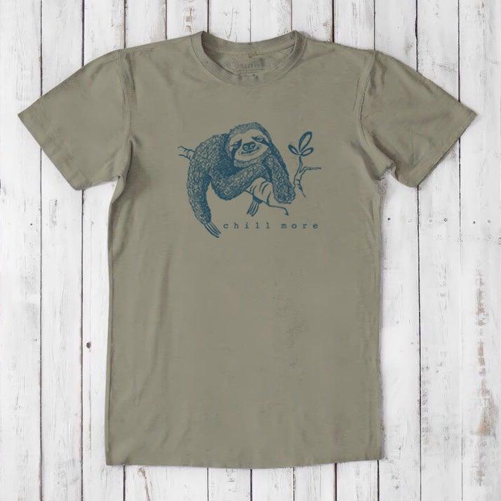 Olive green men's bamboo and organic cotton sloth T-shirt with 'Chill More' graphic, eco-conscious and funny animal tee.