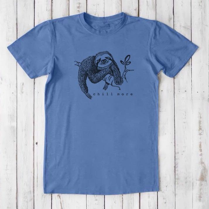 Blue men's sloth T-shirt in bamboo and organic cotton with 'Chill More' print, relaxed fit sustainable gift for animal lovers.