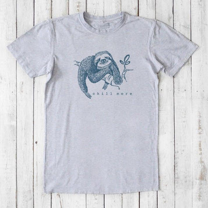 Heather gray men's bamboo and organic cotton sloth T-shirt with 'Chill More' design, soft eco-friendly tee for laid-back style.