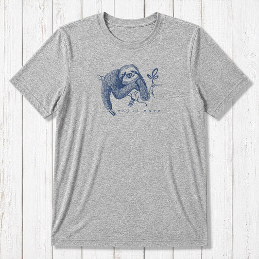 Heather gray men's bamboo and organic cotton sloth T-shirt with 'Chill More' design, soft eco-friendly tee for laid-back style.