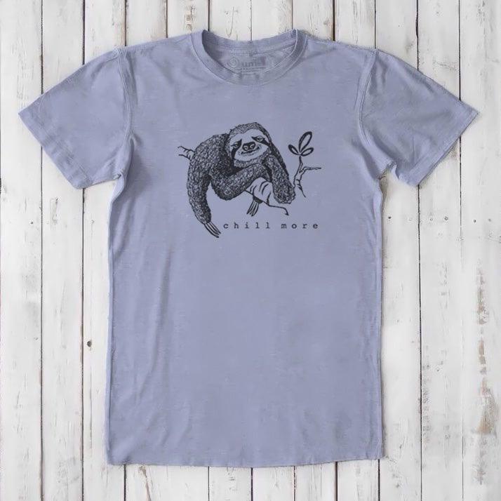 Lavender men's sloth T-shirt in bamboo and organic cotton with 'Chill More' graphic, funny and sustainable gift for him.
