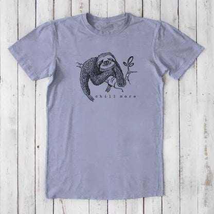 Lavender men's sloth T-shirt in bamboo and organic cotton with 'Chill More' graphic, funny and sustainable gift for him.
