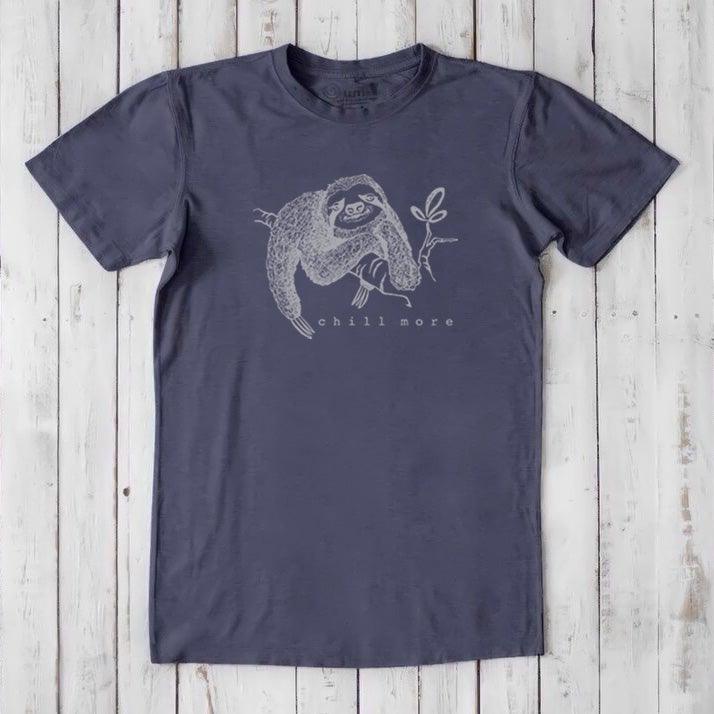 Charcoal gray men's sloth T-shirt in bamboo and organic cotton with 'Chill More' print, sustainable and humorous gift idea.