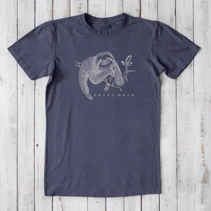 Charcoal gray men's sloth T-shirt in bamboo and organic cotton with 'Chill More' print, sustainable and humorous gift idea.