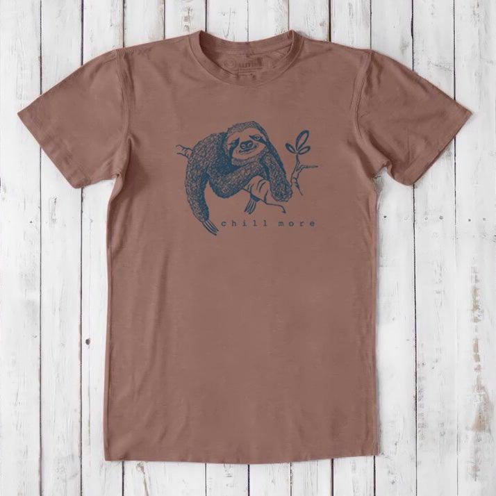 Brown men's bamboo and organic cotton sloth T-shirt with 'Chill More' graphic, soft and eco-friendly tee for relaxed style.