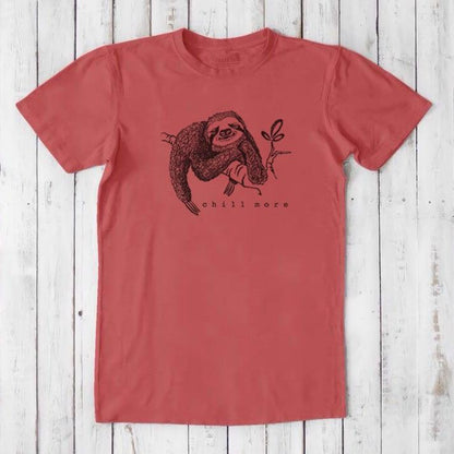 Red men's sloth graphic T-shirt in bamboo and organic cotton with 'Chill More' slogan, funny and sustainable gift for him.