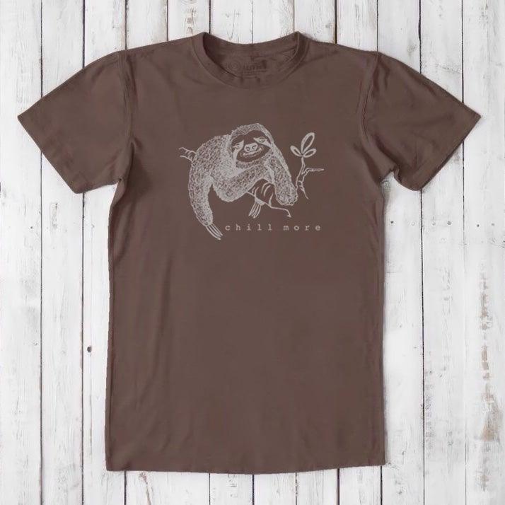 Chocolate brown men's bamboo and organic cotton T-shirt with lounging sloth and 'Chill More' text, eco-friendly casual wear.
