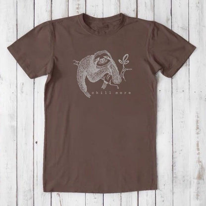 Chocolate brown men's bamboo and organic cotton T-shirt with lounging sloth and 'Chill More' text, eco-friendly casual wear.