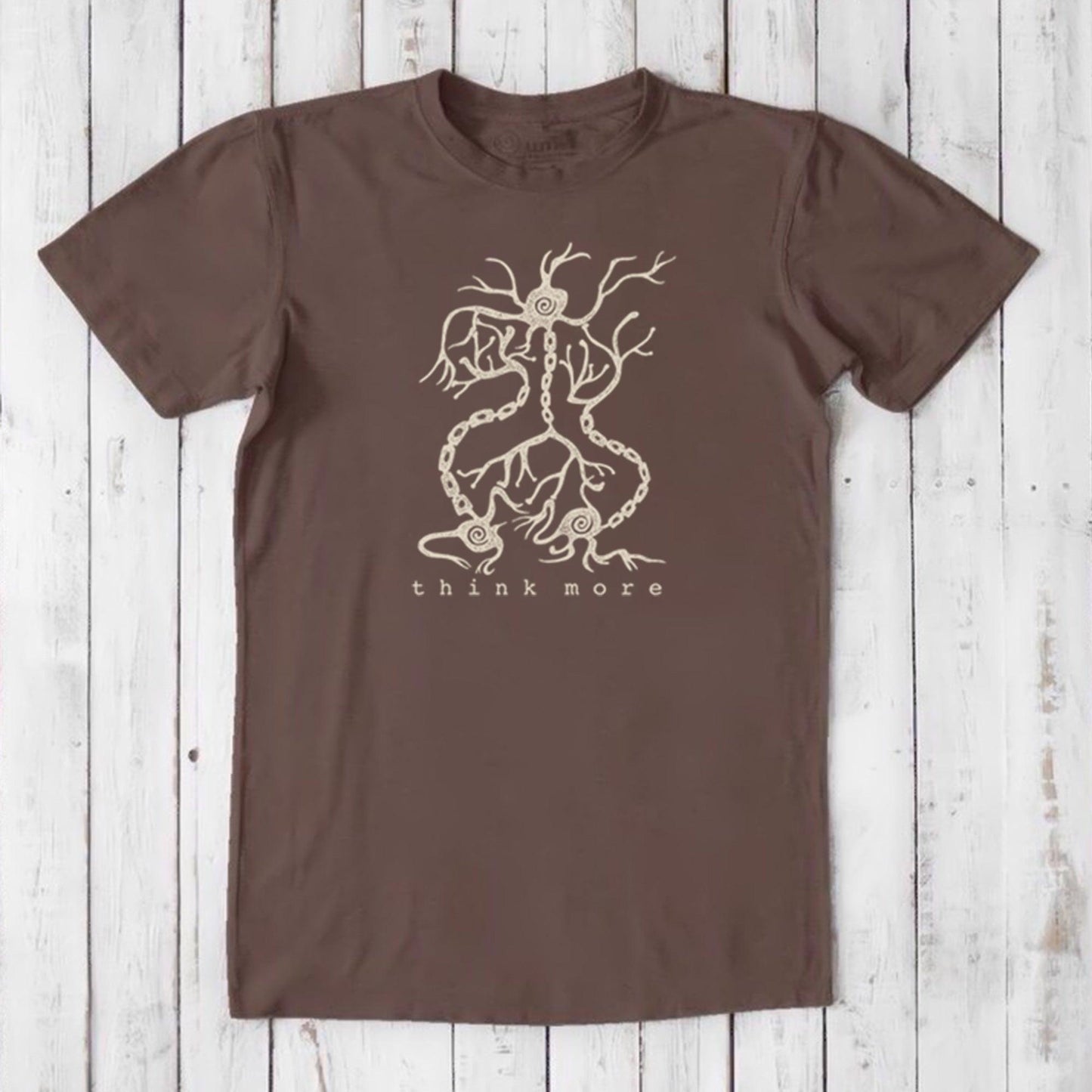 Men's Neuron T-Shirt in dark brown bamboo & organic cotton with beige brain cell design and 'think more' text, eco-friendly educational shirt.