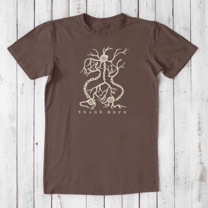 Men's Neuron T-Shirt in dark brown bamboo & organic cotton with beige brain cell design and 'think more' text, eco-friendly educational shirt.
