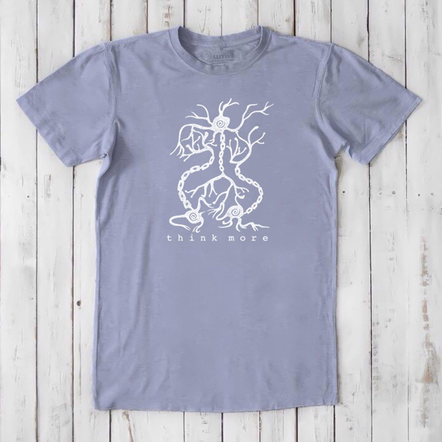 Men's Neuron T-Shirt in slate bamboo & organic cotton with white neuron illustration and 'think more' message, classic fit science gift tee.