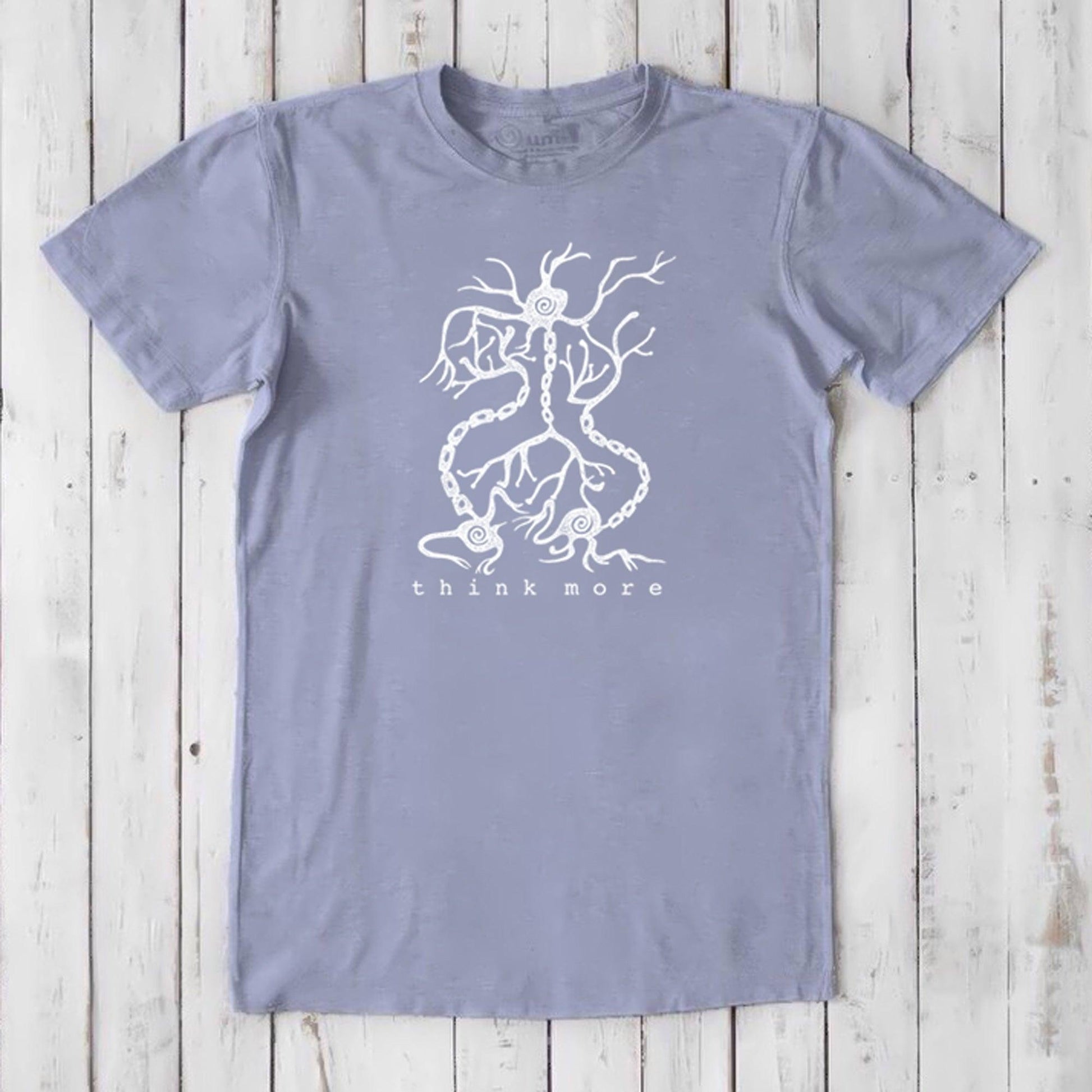 Men's Neuron T-Shirt in slate bamboo & organic cotton with white neuron illustration and 'think more' message, classic fit science gift tee.