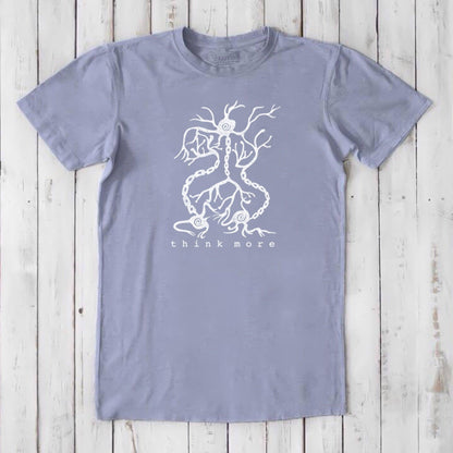Men's Neuron T-Shirt in slate bamboo & organic cotton with white neuron illustration and 'think more' message, classic fit science gift tee.