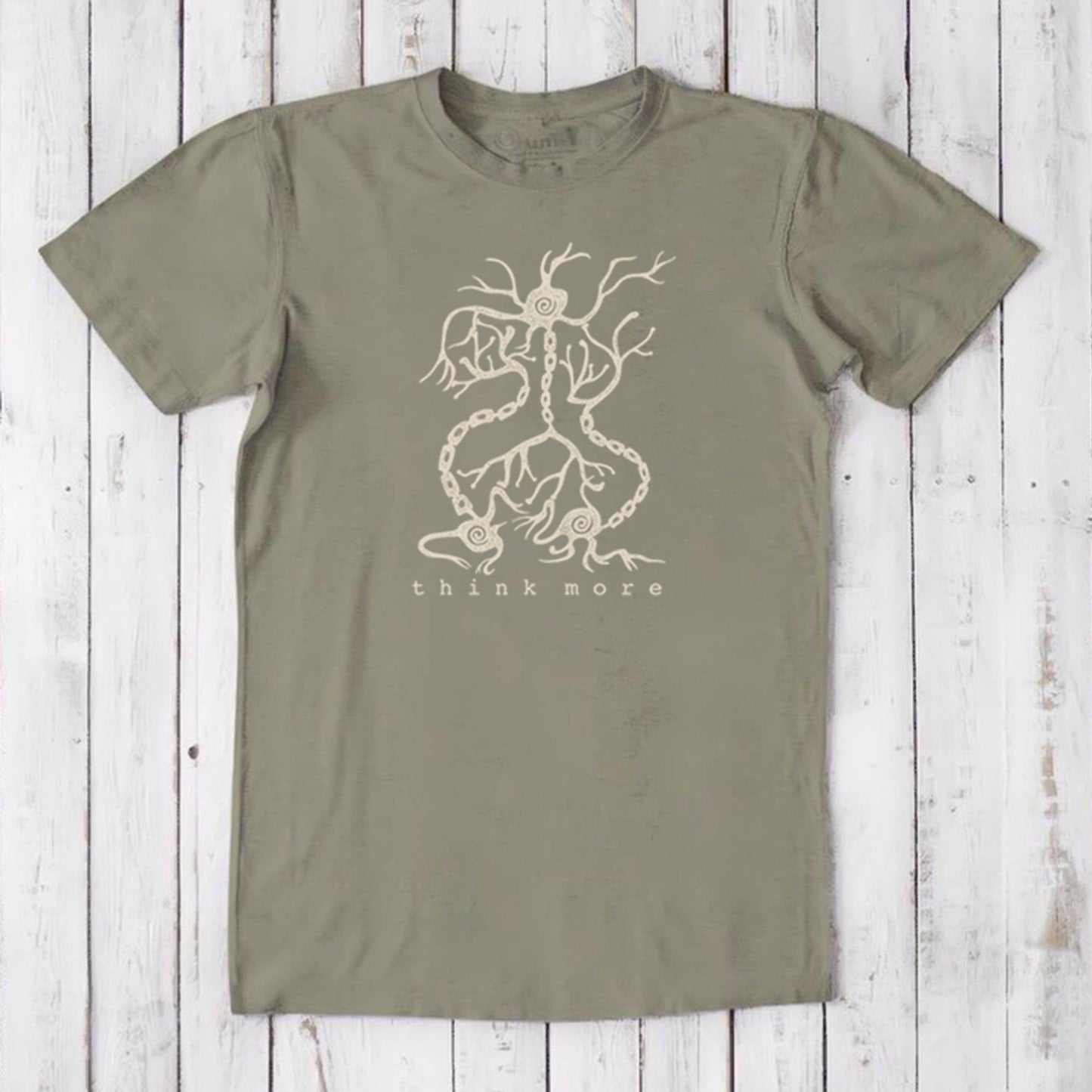 Men's Neuron T-Shirt in khaki green bamboo & organic cotton with beige neuron graphic and 'think more' text, sustainable brain-themed top.