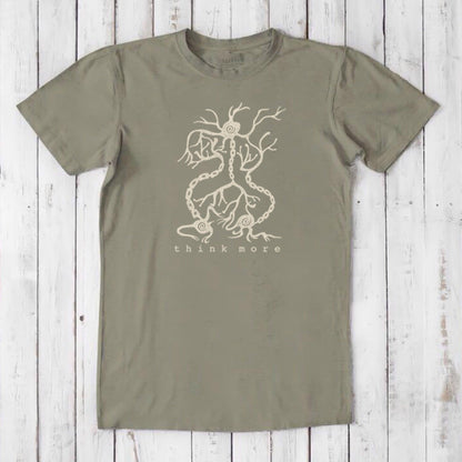 Men's Neuron T-Shirt in khaki green bamboo & organic cotton with beige neuron graphic and 'think more' text, sustainable brain-themed top.