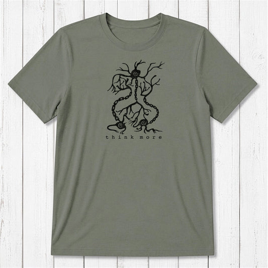 Men's Neuron T-Shirt in khaki green bamboo & organic cotton with beige neuron graphic and 'think more' text, sustainable brain-themed top.