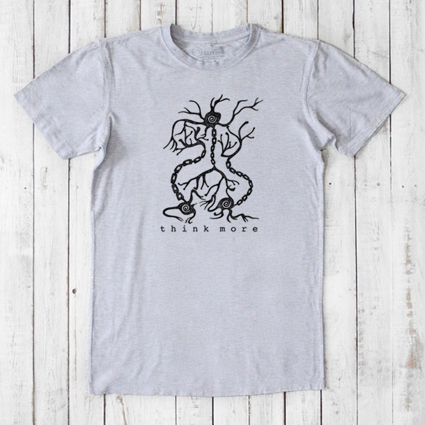 Men's Neuron T-Shirt in heather gray bamboo & organic cotton with black neuron design and 'think more' phrase, eco-conscious science tee.