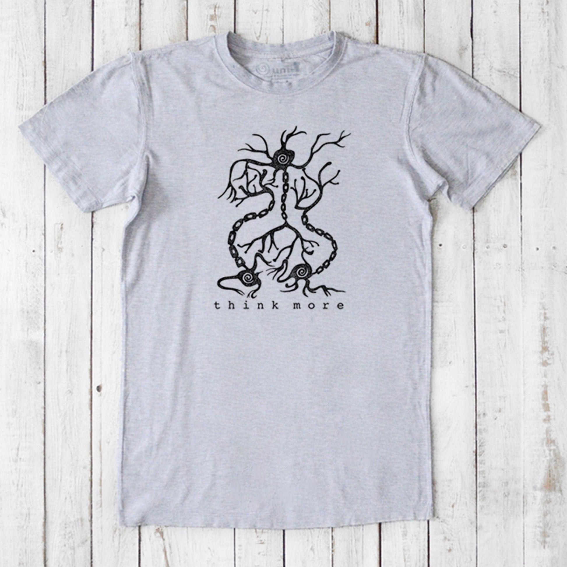 Men's Neuron T-Shirt in heather gray bamboo & organic cotton with black neuron design and 'think more' phrase, eco-conscious science tee.