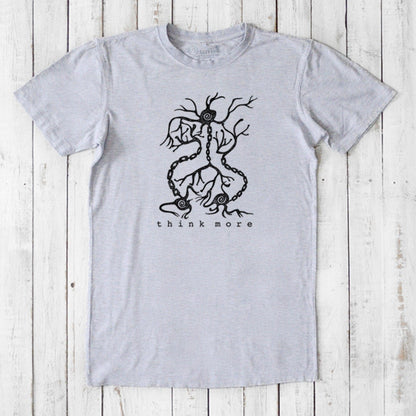 Men's Neuron T-Shirt in heather gray bamboo & organic cotton with black neuron design and 'think more' phrase, eco-conscious science tee.
