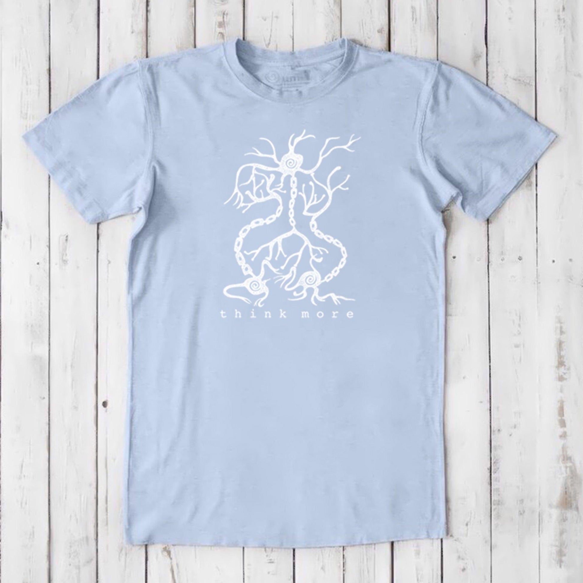 Men's Neuron T-Shirt in ocean blue bamboo & organic cotton with white brain cell graphic and 'think more' text, soft educational gift tee.