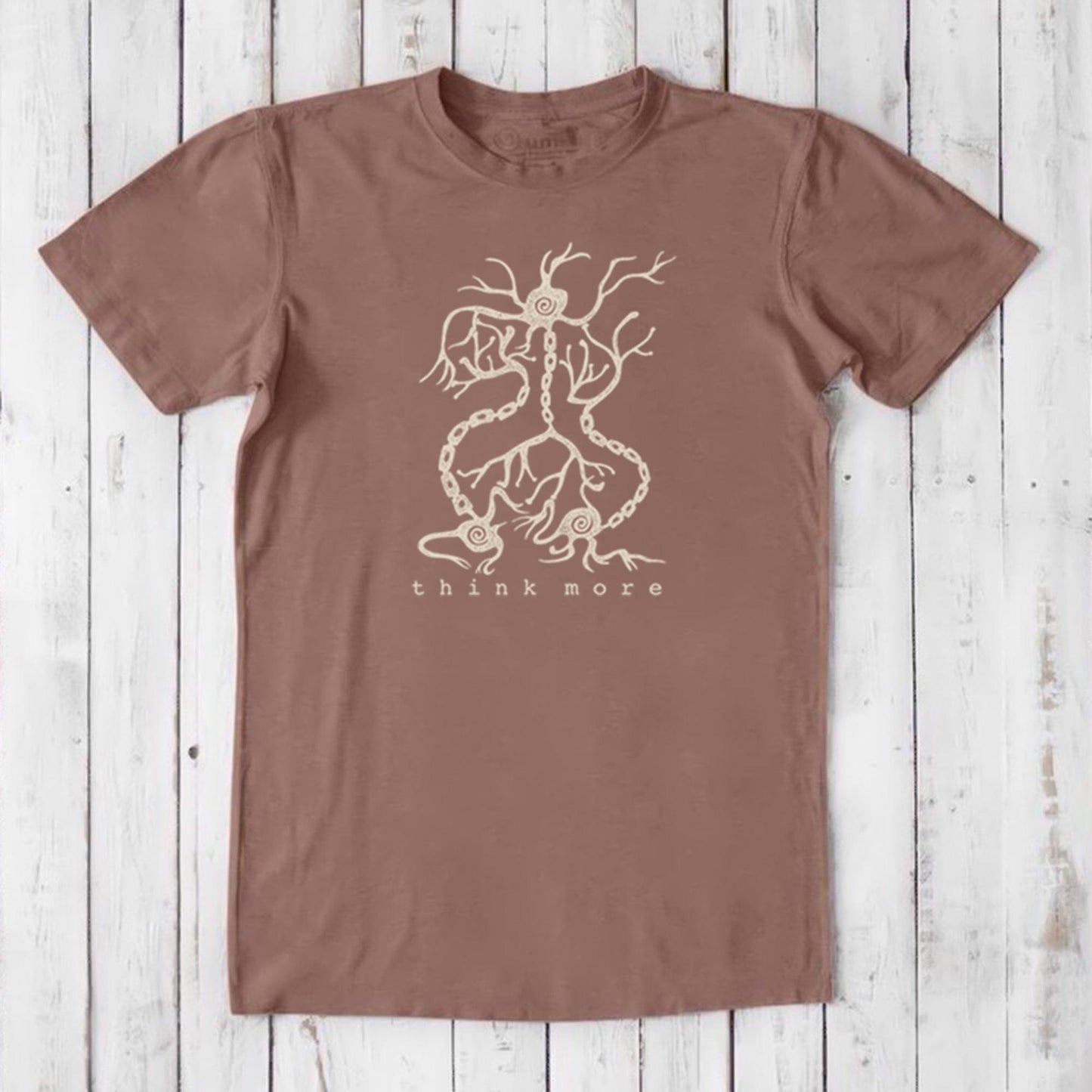 Men's Neuron T-Shirt in red clay bamboo & organic cotton with beige neuron artwork and 'think more' slogan, sustainable science-themed shirt.
