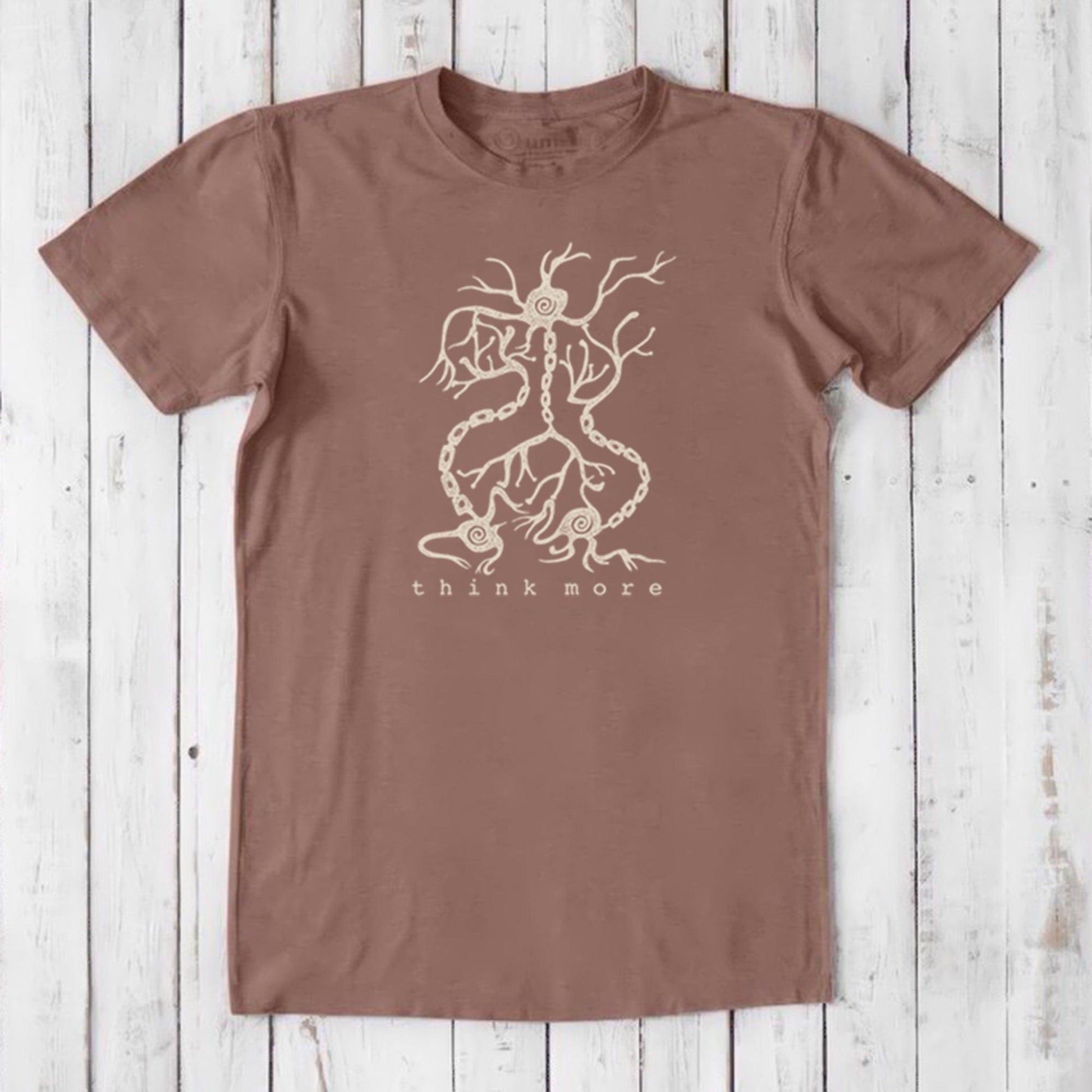 Men's Neuron T-Shirt in red clay bamboo & organic cotton with beige neuron artwork and 'think more' slogan, sustainable science-themed shirt.
