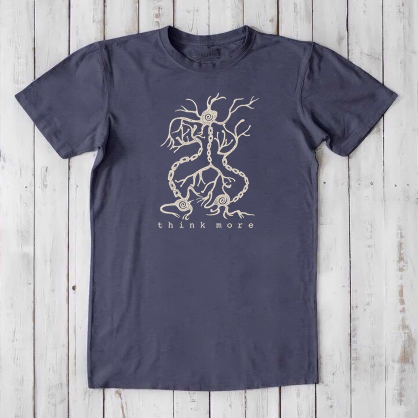 Men's Neuron T-Shirt in navy bamboo & organic cotton with beige neuron design and 'think more' text, classic fit brain-inspired gift tee.