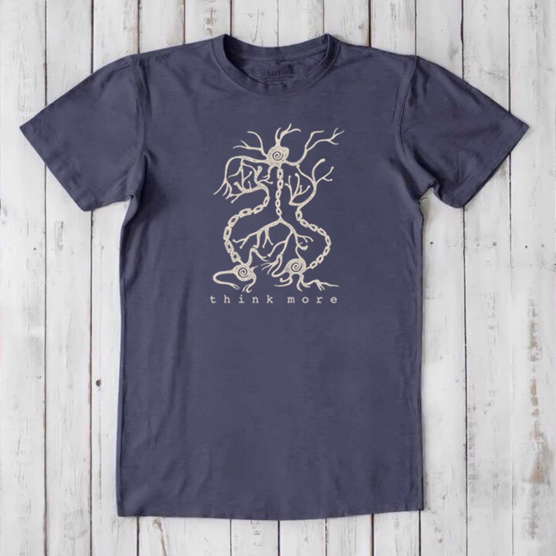 Men's Neuron T-Shirt in navy bamboo & organic cotton with beige neuron design and 'think more' text, classic fit brain-inspired gift tee.