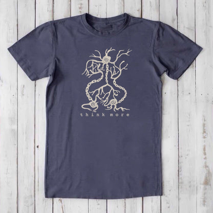 Men's Neuron T-Shirt in navy bamboo & organic cotton with beige neuron design and 'think more' text, classic fit brain-inspired gift tee.