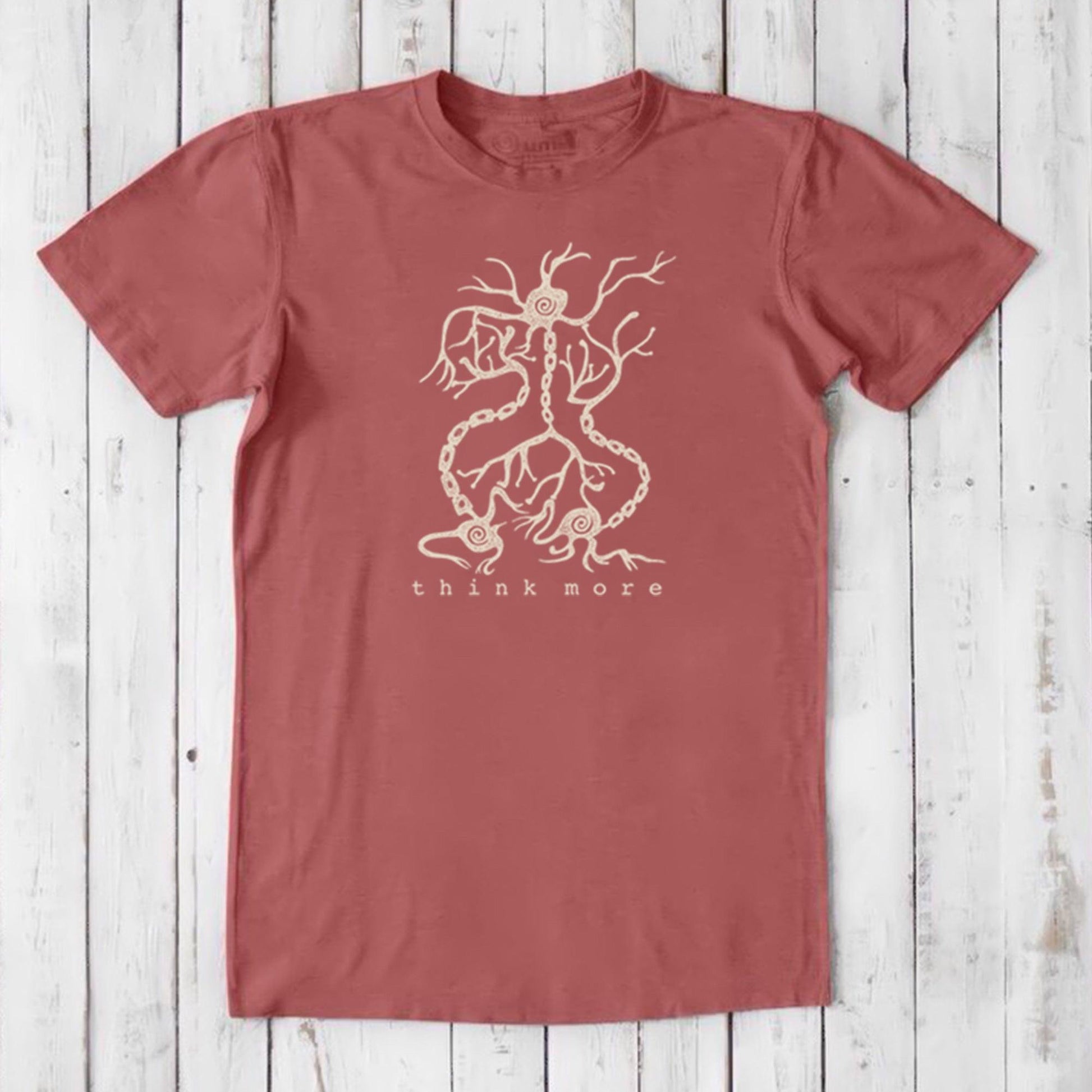 Men's Neuron T-Shirt in red bamboo & organic cotton with beige brain cell graphic and 'think more' message, eco-friendly science gift shirt.