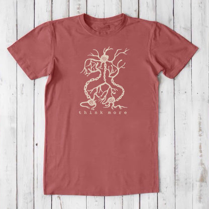 Men's Neuron T-Shirt in red bamboo & organic cotton with beige brain cell graphic and 'think more' message, eco-friendly science gift shirt.