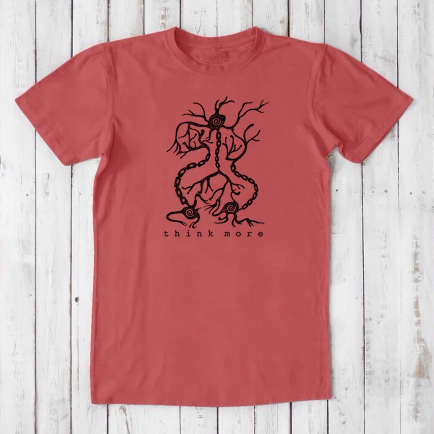 Men's Neuron T-Shirt in red bamboo & organic cotton with black neuron illustration and 'think more' text, sustainable educational tee for men.