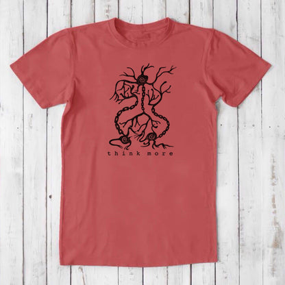 Men's Neuron T-Shirt in red bamboo & organic cotton with black neuron illustration and 'think more' text, sustainable educational tee for men.