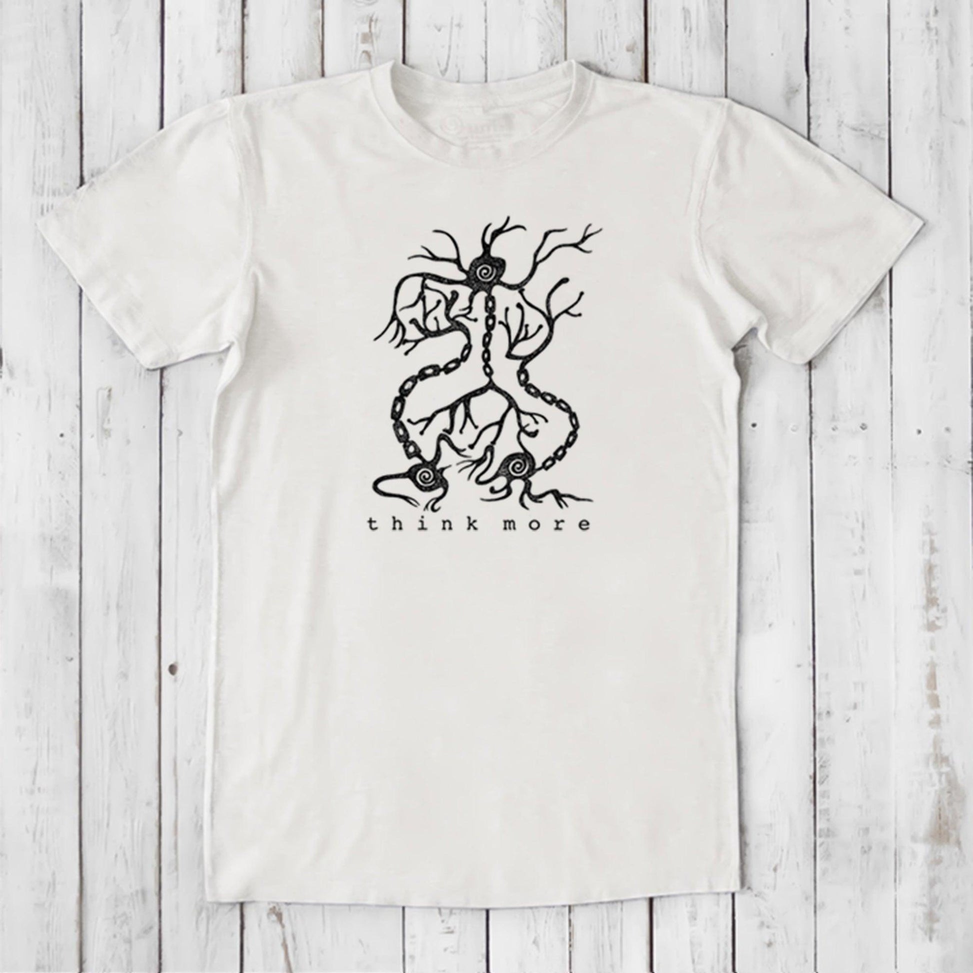 Men's Neuron T-Shirt in ivory bamboo & organic cotton with black neuron graphic and 'think more' slogan, soft brain-themed science gift tee.