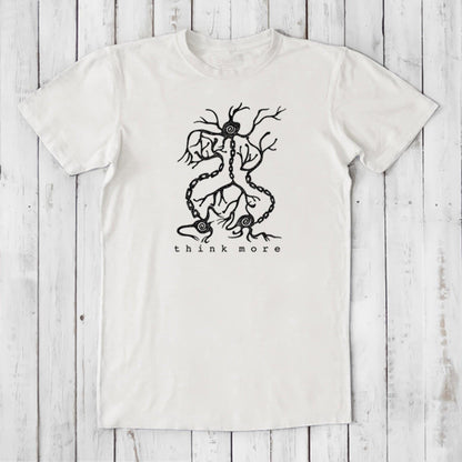 Men's Neuron T-Shirt in ivory bamboo & organic cotton with black neuron graphic and 'think more' slogan, soft brain-themed science gift tee.